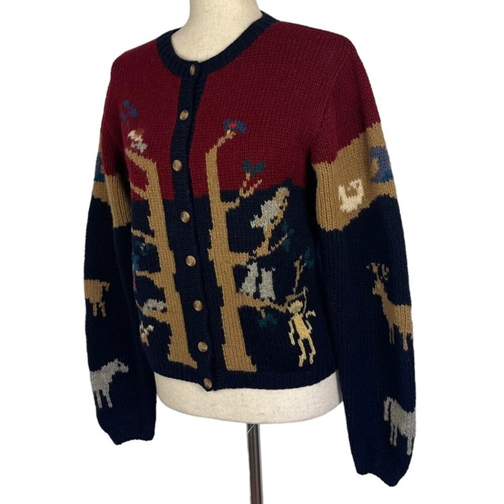Vintage 80s Cardigan Sweater 100% Shetland Wool Animal Motif Women's Small - Picture 4 of 9
